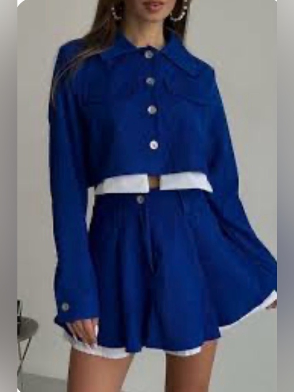 Monika Two-Piece Buttoned Crop Jacket & Skort Set Blue Small NWOT IN PACKAGE